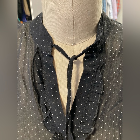 Lapis Black Sheer Polka Dot Popover Blouse, Short Puff Sleeve, Size Medium - Picture 4 of 11
